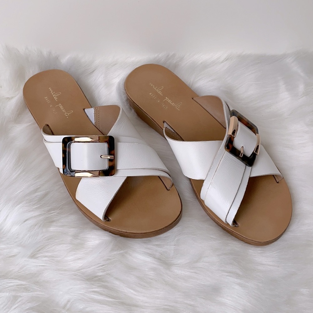 Mila Paoli White Tortoiseshell and Gold Buckle Wedge Slides Size 7